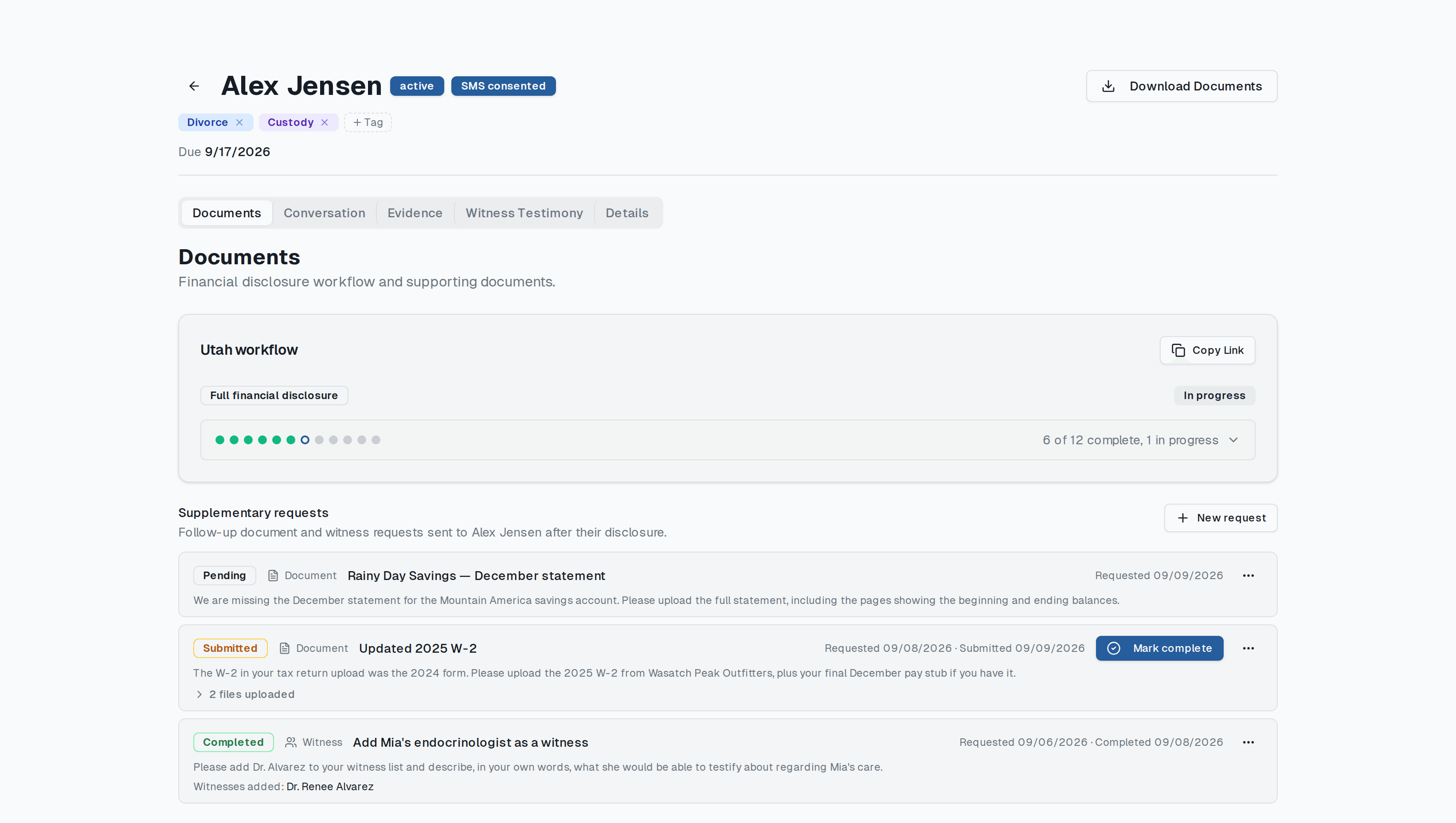 The Documents tab of a matter, showing a Utah full financial disclosure workflow with six of twelve steps complete and one in progress, above three supplementary requests: a pending bank statement, a submitted 2025 W-2, and a completed witness request.