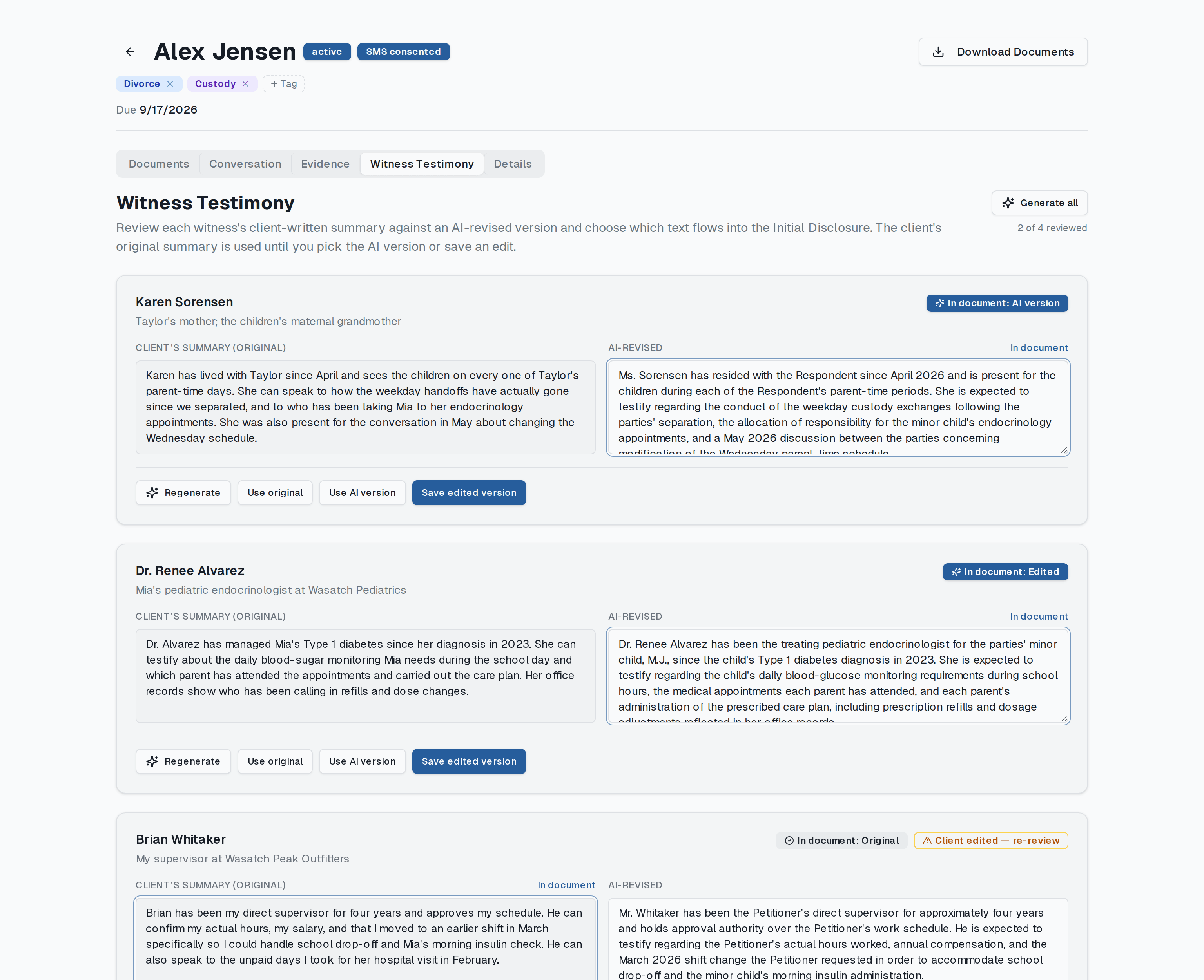 The Witness Testimony tab of a matter, showing each witness's client-written original summary side by side with its AI-revised version, with controls to regenerate, keep the original, or use the AI version.