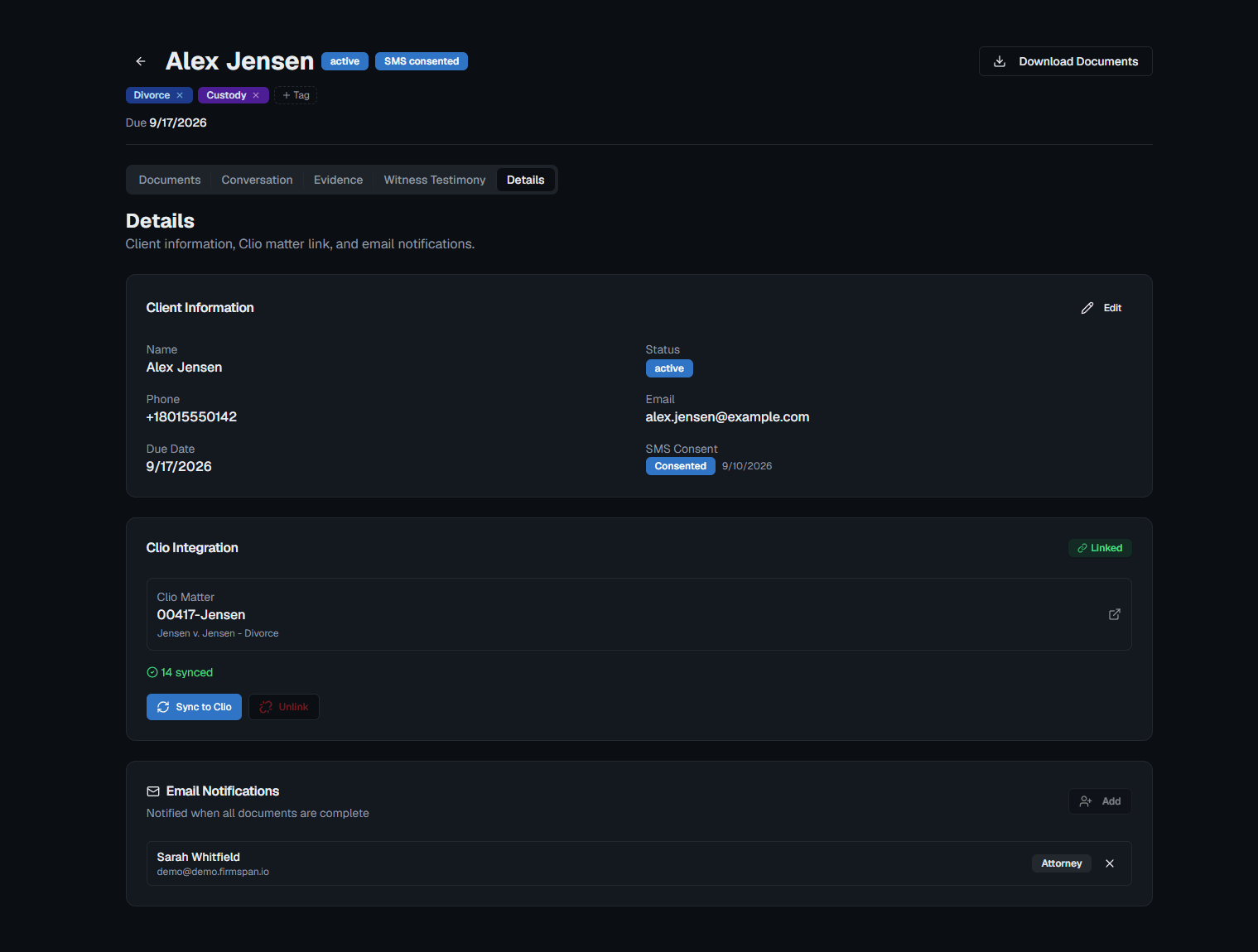 The Details tab of a matter, showing the client information card with name, phone, email, due date, status, and SMS consent, above a linked Clio Integration card naming the matter 00417-Jensen with fourteen records synced.