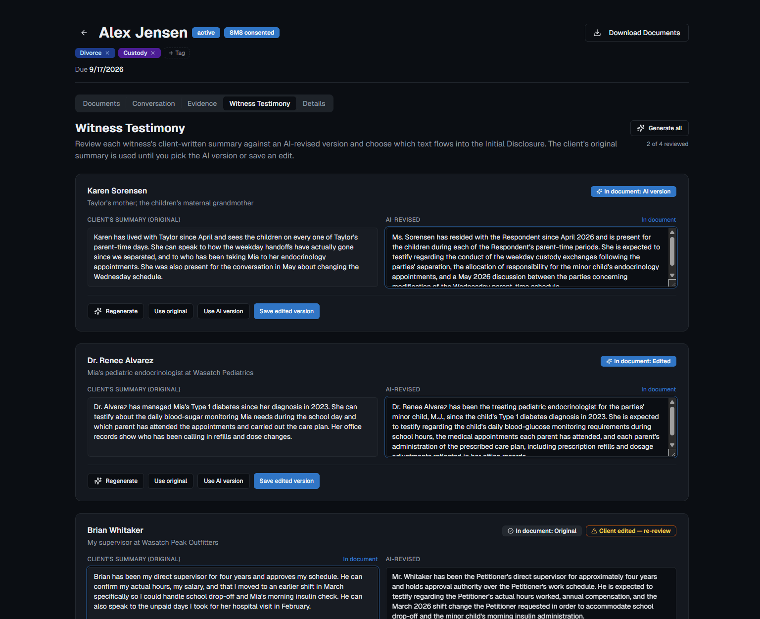 The Witness Testimony tab of a matter, showing each witness's client-written original summary side by side with its AI-revised version, with controls to regenerate, keep the original, or use the AI version.